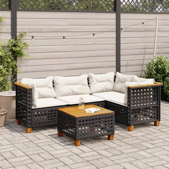 Havesofasæt 5 dele i sort polyrattan med hynder