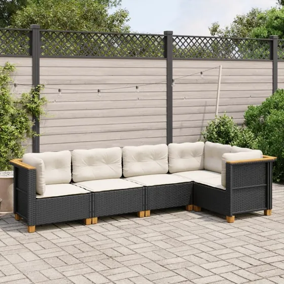 Havesofasæt 5 dele i sort polyrattan med hynder