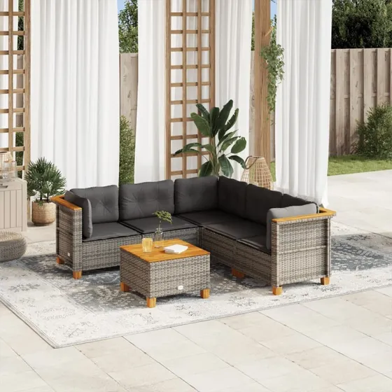 Havesofasæt 6 dele i grå polyrattan med hynder