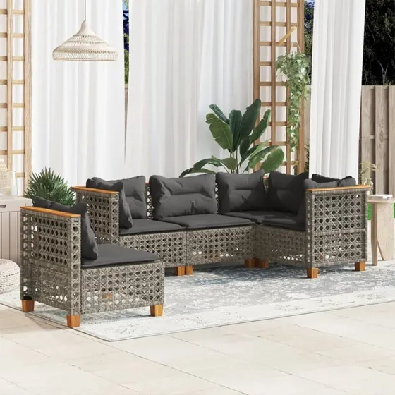 Sofasæt 5 dele i grå polyrattan med hynder