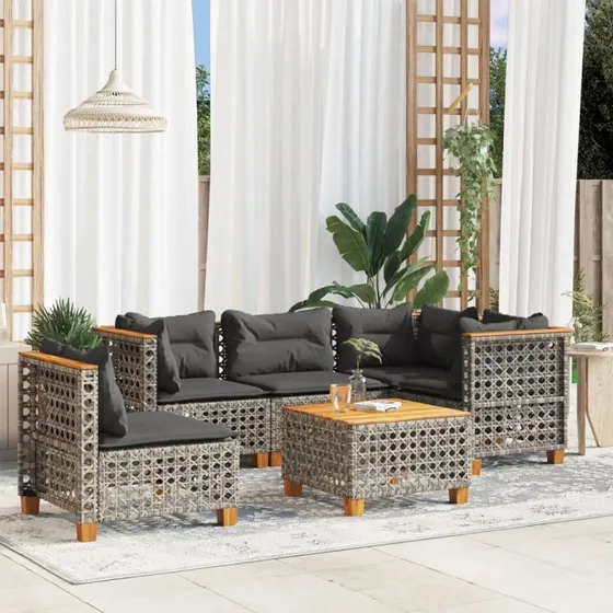Havesofasæt 6 dele i grå polyrattan med hynder