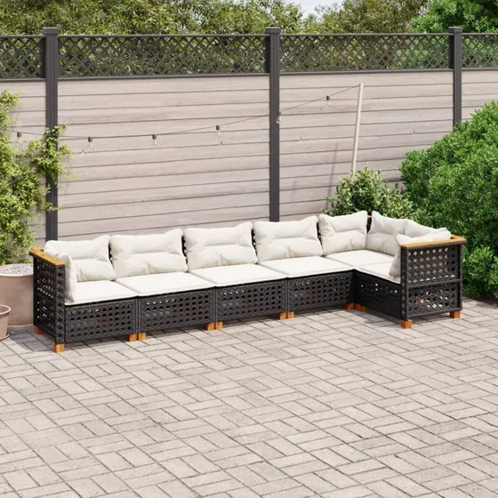 Sofasæt til haven 6 dele i sort polyrattan med hynder