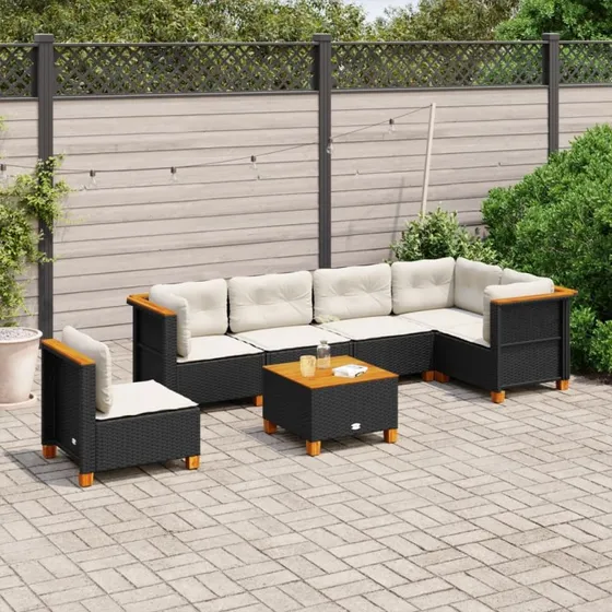 Havesæt 7 dele i sort polyrattan med hynder