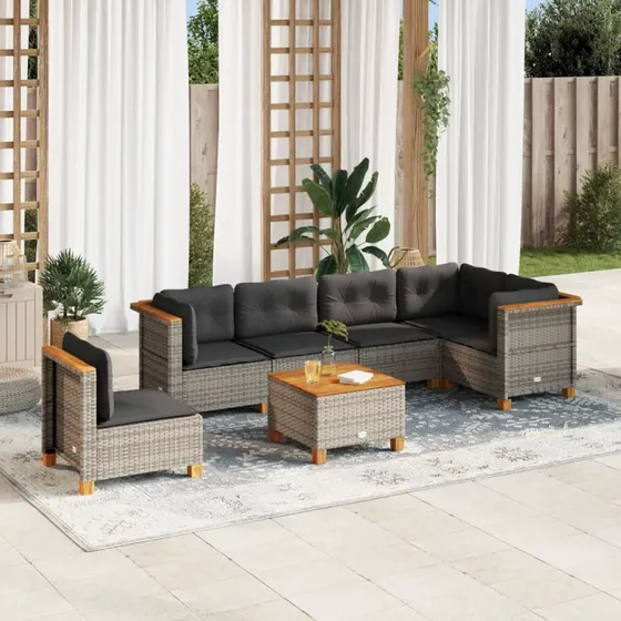 Havesofa sæt 7 dele i grå polyrattan med hynder