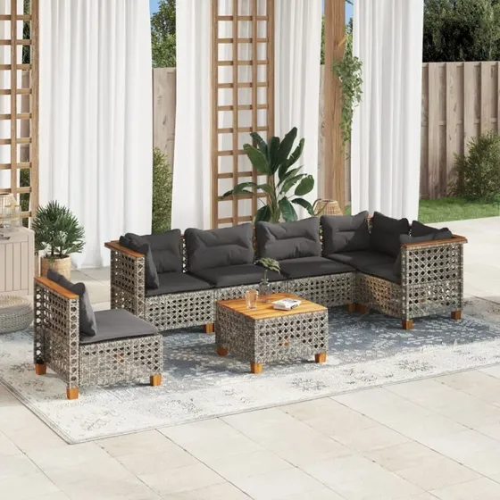 Havesofa 7 dele i grå polyrattan med hynder