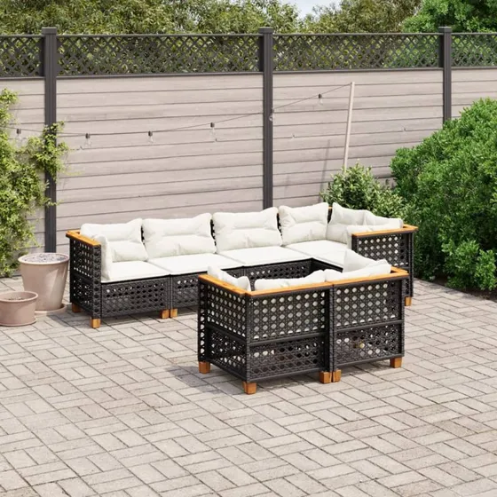Havesofasæt 7 dele i sort polyrattan med hynder