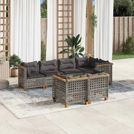 Havesofa sæt 7 dele i grå polyrattan med hynder