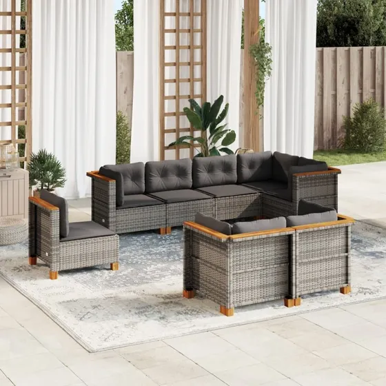 Havesofasæt 8 dele i grå polyrattan med hynder