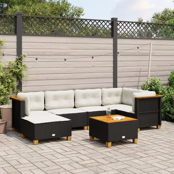 Polyrattan sofasæt til haven 7 dele med hynder – sort