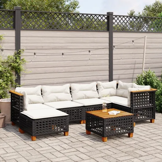 Havesofasæt 7 dele i sort polyrattan med hynder