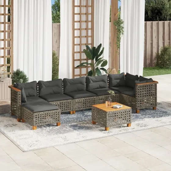 Havesofasæt 8 dele i grå polyrattan med hynder