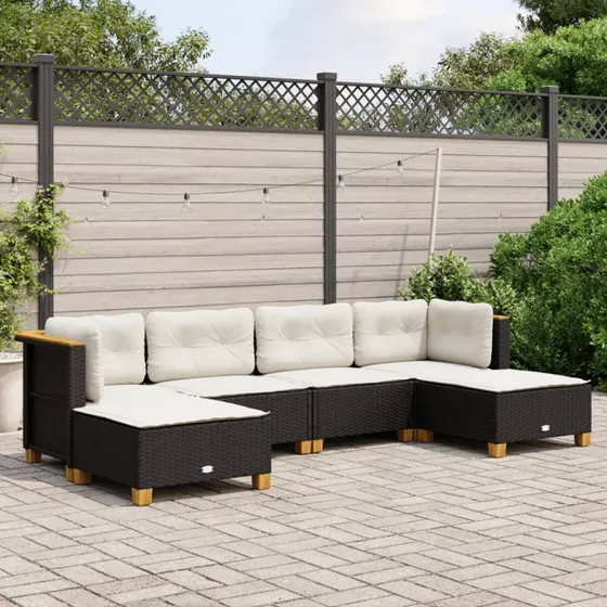 Sofasæt til haven 6 dele i sort polyrattan med hynder