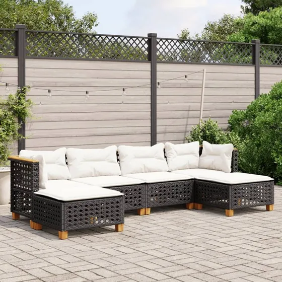 Sofasæt til haven 6 dele i sort polyrattan med hynder