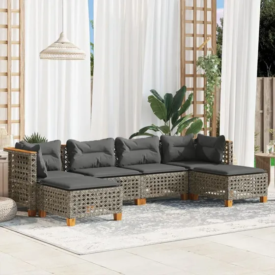 6-dele havemøbel sofasæt i grå polyrattan med hynder