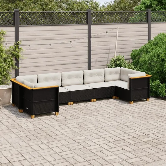 Havesofasæt 7 dele i sort polyrattan med hynder