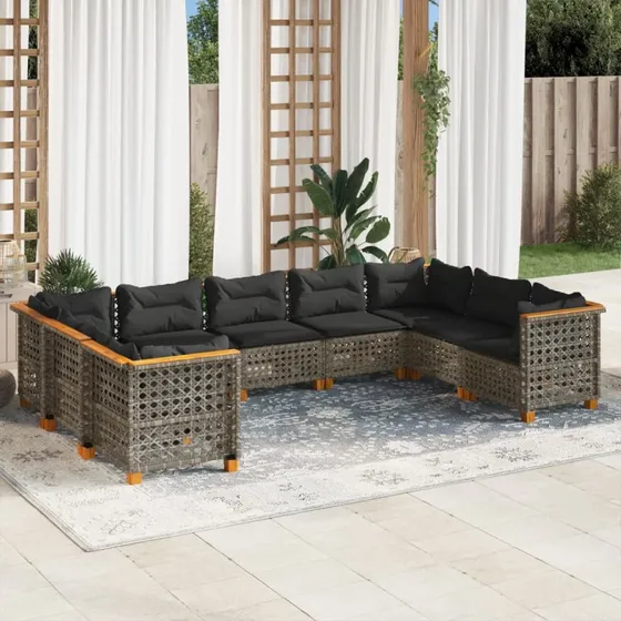 Sofasæt til haven 9 dele i grå polyrattan med hynder