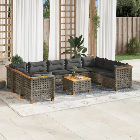 Havesofasæt 10 dele i grå polyrattan med hynder