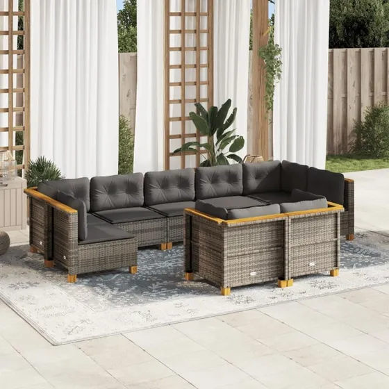 Havesofasæt 9 dele i grå polyrattan med hynder