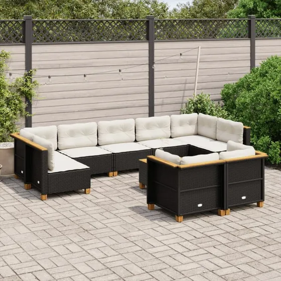 Havesofasæt 10 dele i sort polyrattan med hynder