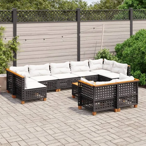 Sofasæt til haven 10 dele i sort polyrattan med hynder