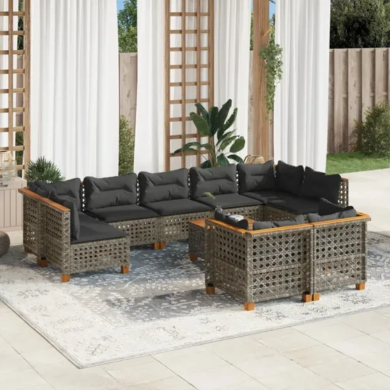 Havesofasæt 10 dele i grå polyrattan med hynder