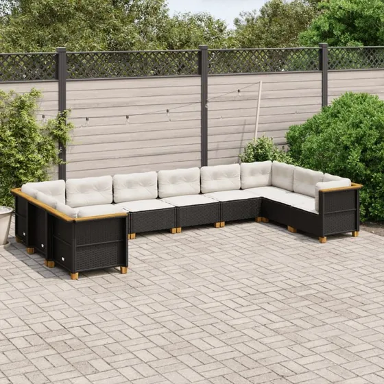 Havesofasæt i polyrattan 10 dele med hynder, sort