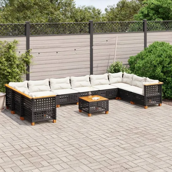 Havesofasæt 11 dele i sort polyrattan med hynder