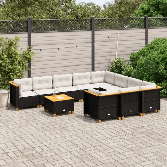 Havesofasæt 11 dele i sort polyrattan med hynder