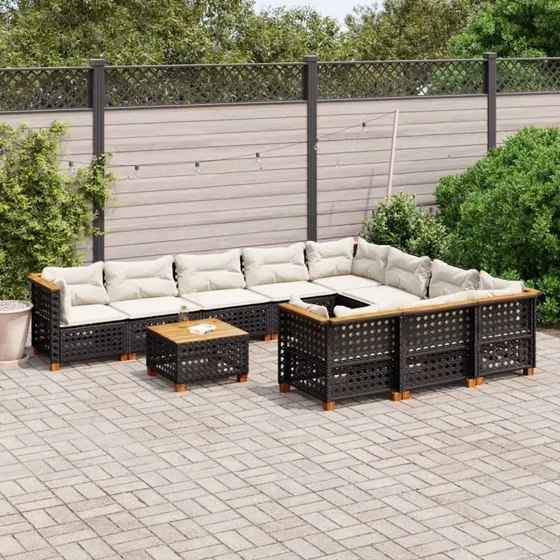 Havesæt 11 dele i sort polyrattan med hynder