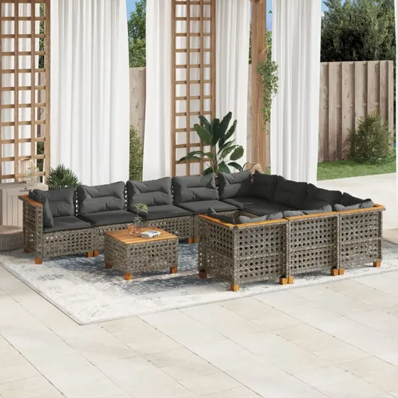 Loungesæt i polyrattan 11 dele med hynder - grå
