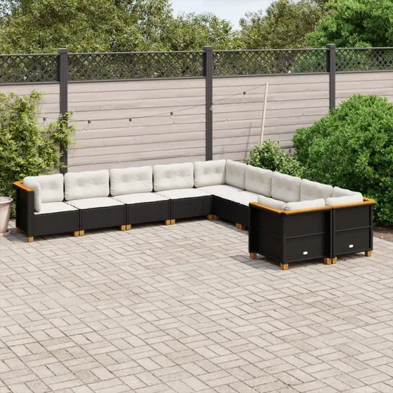 Havesofasæt 10 dele i sort polyrattan med hynder