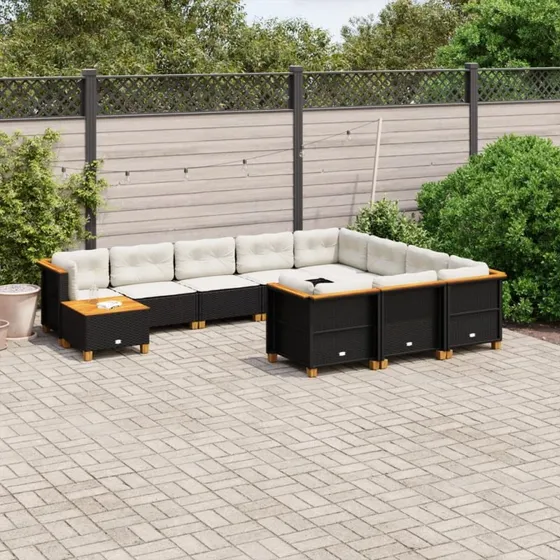 Havesofasæt 11 dele i polyrattan med hynder - sort