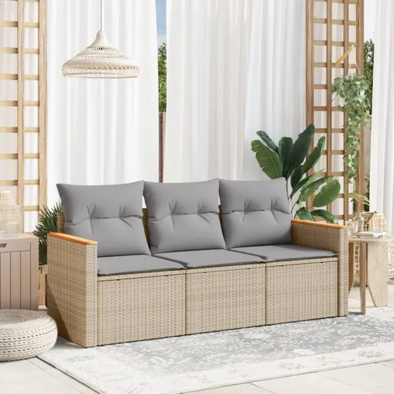 Sofasæt til haven 3 dele i polyrattan med hynder - beige