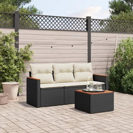 Havesofasæt 4 dele i sort polyrattan med hynder