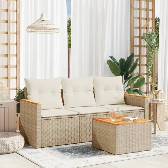 Havesofasæt 4 dele i beige polyrattan med hynder