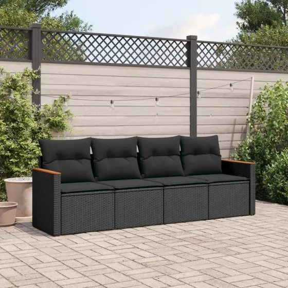 Havesofasæt i polyrattan 4 dele med hynder, sort