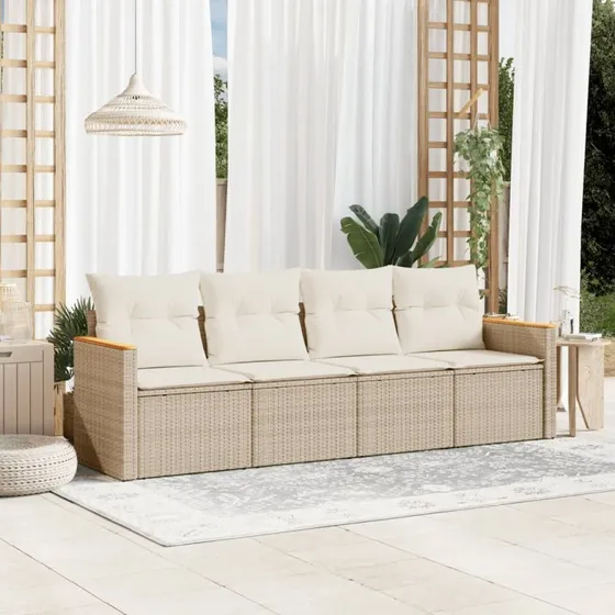 Havesofasæt 4 dele i polyrattan med hynder – beige