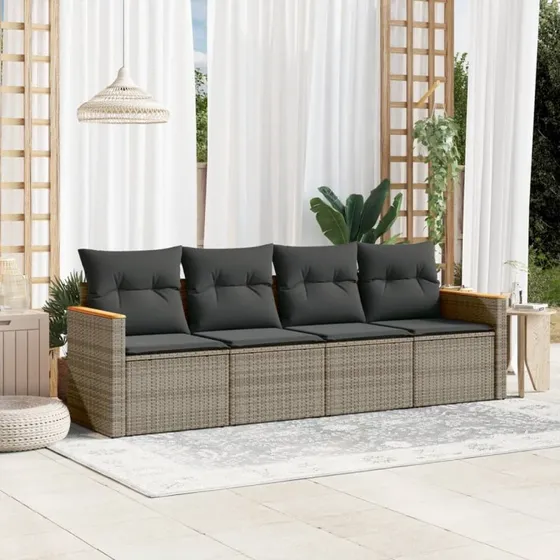 Havesofasæt 4 dele i grå polyrattan med hynder