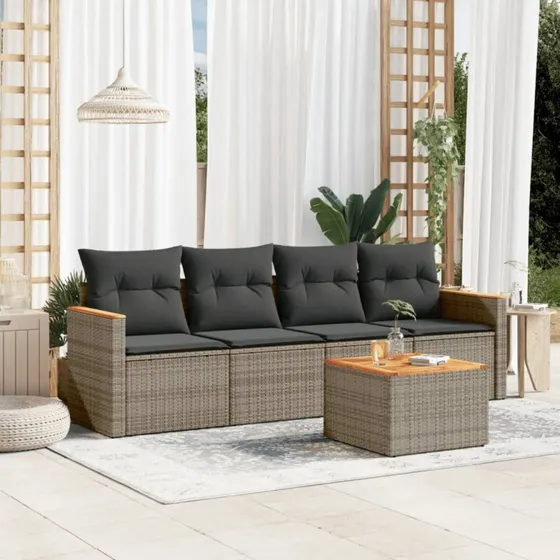 Havesofasæt 5 dele i grå polyrattan med hynder