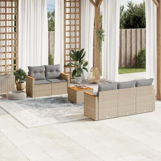Havesofasæt 6 dele i polyrattan med hynder - beige