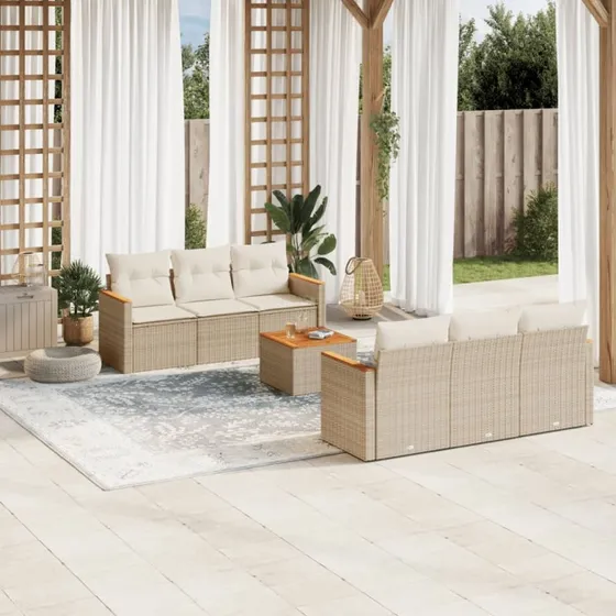 Havesofasæt 7 dele i polyrattan med hynder - beige
