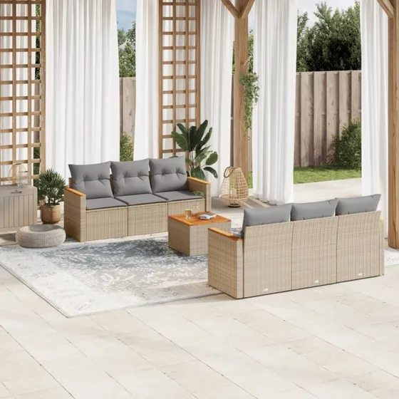 Havesofasæt 7 dele i polyrattan med hynder – beige