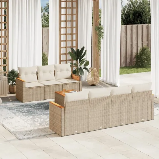Havesofasæt 8 dele i beige polyrattan med hynder