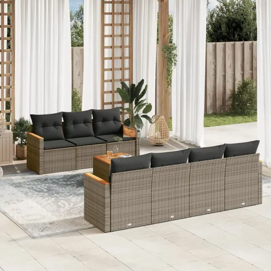 Sofasæt til haven 8 dele i grå polyrattan med hynder