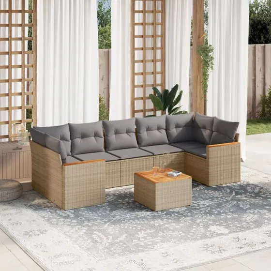 Havesofasæt 8 dele i polyrattan med hynder – beige