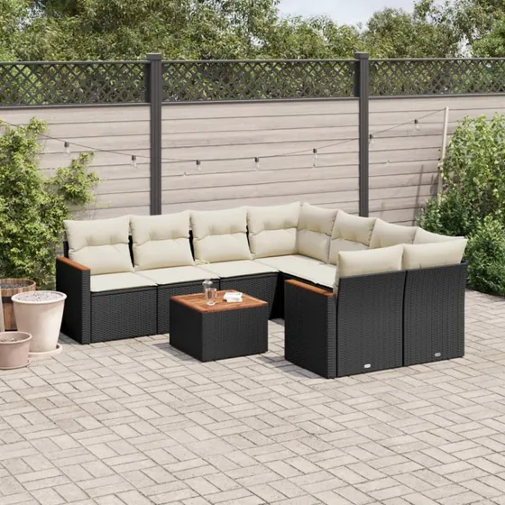 Sofasæt til haven 9 dele i sort polyrattan med hynder