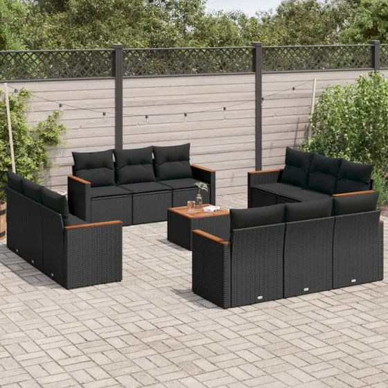 Havesofasæt 13 dele polyrattan sort med hynder