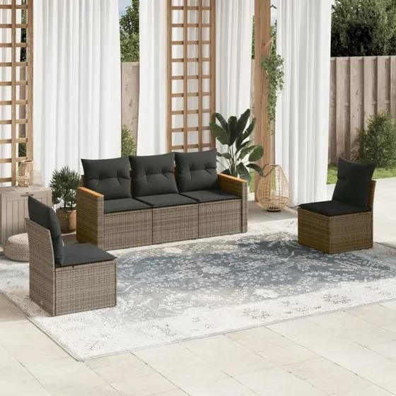 Havesofasæt 5 dele i grå polyrattan med hynder