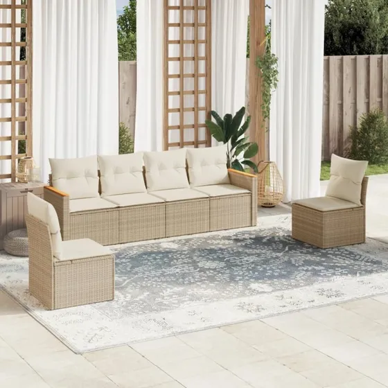 Havesofasæt 6 dele i polyrattan med hynder - beige