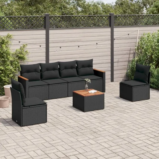 7-delers havesofasæt i sort polyrattan med hynder